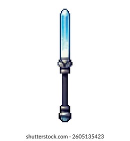 Pixel art magic sword with a glowing blue crystal blade and dark handle. Perfect for fantasy RPGs, enchanted weapons, game icons, or adventure game assets. Isolated on white background.