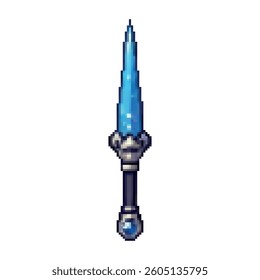 Pixel art magical dagger with a glowing blue crystal blade and dark handle. Perfect for fantasy RPGs, enchanted weapons, game icons, or mystical inventory assets. Isolated on white background.