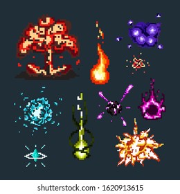 Pixel art of magical explosions and effects set vector illustration. Different pixelated videogames hex spells used in old 8-bit games flat style concept. Isolated on dark