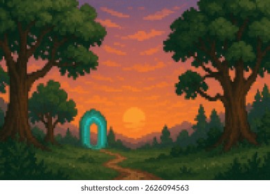 Pixel arte floresta mágica ao pôr do sol com um portal azul brilhante de pé entre duas grandes árvores e um caminho sinuoso. Fundo de fantasia retro 16-bit perfeito para RPGs e jogos de aventura.