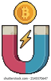 Pixel art magnet attracting bitcoin vector icon for 8bit game on white background
