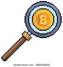 Pixel art magnifying glass analyzing bitcoin, investment in cryptocurrencies vector icon for 8bit game on white background


