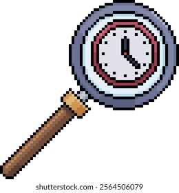 Pixel art of magnifying glass analyzing clock in 8-bit style on white background