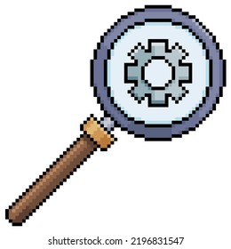 Pixel art magnifying glass and gear. Settings analysis vector icon for 8bit game on white background 
