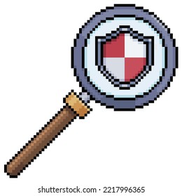 Pixel art magnifying glass with shield icon vector icon for 8bit game on white background
