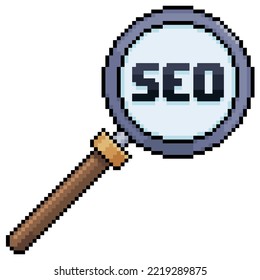 Pixel art magnifying glass with the word SEO, search engine optimization vector icon for 8bit game on white background