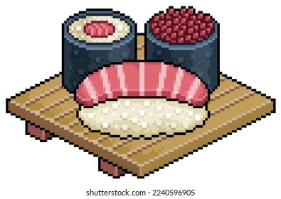 Pixel art maguro nigiri, tekka maki and ikura nigiri on wooden sushi board vector icon for 8bit game on white background
