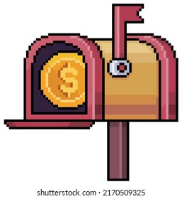Pixel art mailbox with coin. money order vector icon for 8bit game on white background