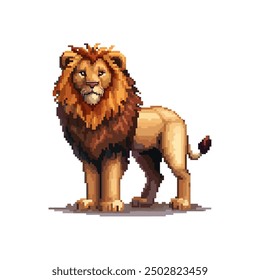 Pixel Art Majestic Lion Standing Proud. Vector illustration design.