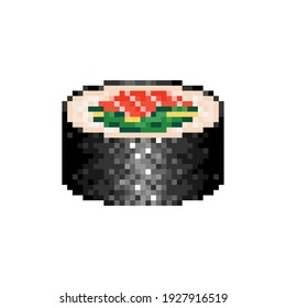 Pixel art maki roll icon. Pixelated sushi roll with seafood and seaweed.  Salmon sushi roll in retro style. Mosaic maki roll with fish and cucumber. Vector.