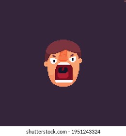 Pixel art male angry person loudly screaming, emotional head isolated on dark background 