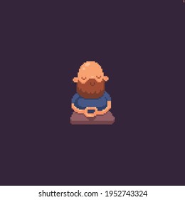 Pixel art male bearded character sitting in meditation posture with closed eyes and gentle smile