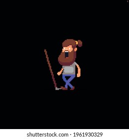 Pixel art male bearded character while stepping on rake