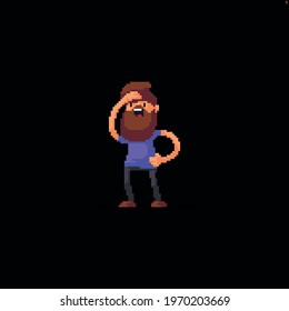 Pixel art male bearded character with his hand at forehead looking far away