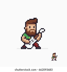 Pixel art male character with beard playing guitar, isolated