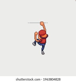 Pixel art male character climbing on invisible object