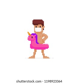 Pixel art male character in confident pose with swimming circle unicorn