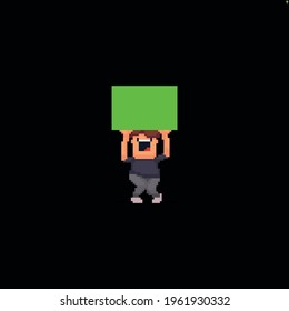 Pixel art male character holding huge green object over top of his head