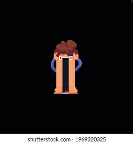 Pixel art male character holding his head with jaw literally dropped down the floor