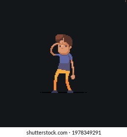 Pixel art male character with L shaped hand on his elbow showing loser gesture