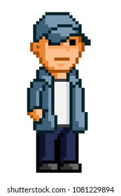 Pixel Art Male Character. Man in cap, blue shirt and jeans. Vector.