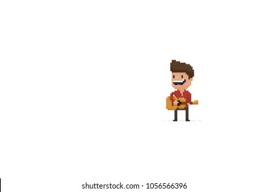 Pixel art male character performing with acoustic guitar