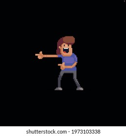 Pixel art male character pointing to the side with his fingers