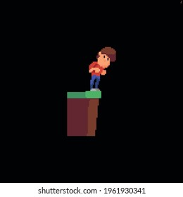 Pixel art male character staying on the top of the cliff and looking down