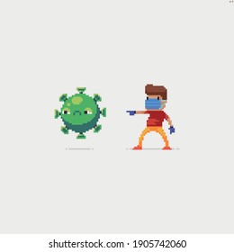 Pixel art male character in surgical mask drives virus away 