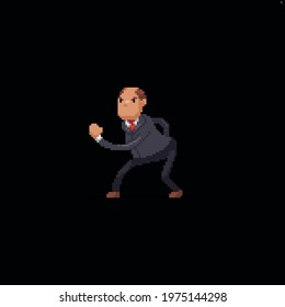 Pixel art male senior character in office suit ready tu run