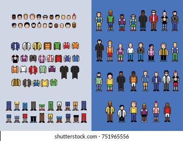 Pixel art man avatar creator, set of video game style elements, isolated vector illustration