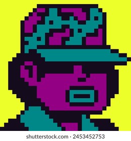 Pixel art man in cap, male character 8-bit, 80-s, avatar, guy face, NFT, cartoon vector icon, game user, web profile persons, people, social net portrait. Non-fungible token.