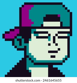 Pixel art man in cap, personaje masculino 8-bit, 80-s, avatar, cara de hombre, Vector de dibujos animados, usuario de juegos, personas de perfil de Web, personas, retrato de la red social. 