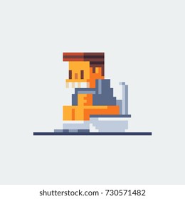 pixel art man character sitting in toilet