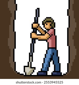 pixel art of man dig hole isolated background