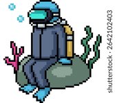 pixel art of man dive suit sitting isolated background
