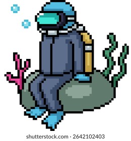 pixel art of man dive suit sitting isolated background