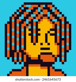 Pixel art man with dreadlocks, male character 8-bit, 80-s, avatar, guy face, cartoon vector icon, game user, web profile persons, people, social net portrait. 