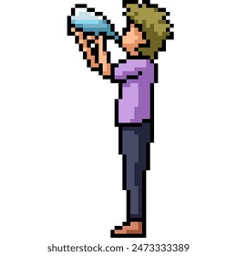 pixel art of man drinking thirsty isolated background