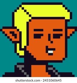 Pixel art man elf ears portrait 80-s, cryptoart, 8-bit, male cute character, avatar, cartoon vector icon, game user, web profile persons, people, social net portrait, minimalistic style.