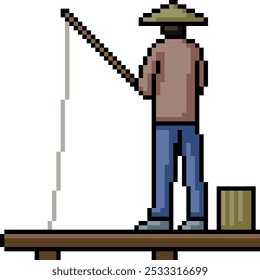 pixel art of man fishing back isolated background