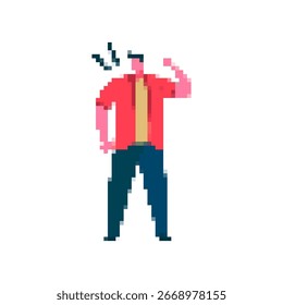 Pixel arte de um homem flexionando braço em uma camisa vermelha, usando um estilo de mosaico. desenho cômico e expressivo.