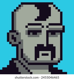 Pixel art man with forelock, male character 8-bit, 80-s, avatar, guy face with mustache, NFT, cartoon vector icon, game user, web profile persons, people, social net portrait. Non-fungible token.