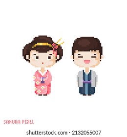 Pixel art man and girl in kimono. Vector 8 bit style illustration of japanese tradition hanami pair. Traditional costumes decorative oriental spring hanami element of retro game computer graphic.