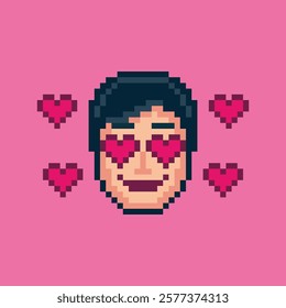 A pixel art of a man with his eyes are covered with pixelated pink hearts and get surrounded by hearts representing of being in love or expressing affection. Vector pixel art illustration.