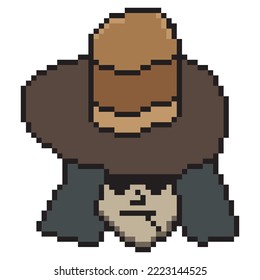 Pixel art a man with long hair wearing a cowboy hat.