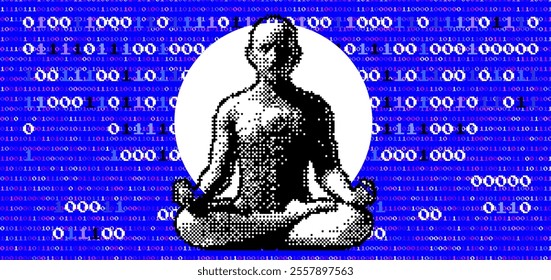 Pixel art man in lotus pose on background with binary code. Conceptual vector illustration of the fusion of technology and spirituality.
