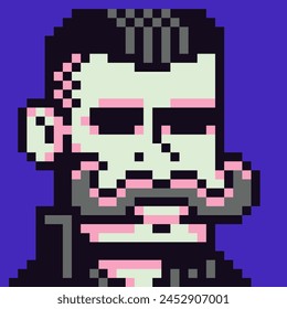 Pixel art man, male character 8-bit,  80-s, avatar, guy face with mustache, NFT, cartoon vector icon, game user, web profile persons, people, social net portrait. Non-fungible token.