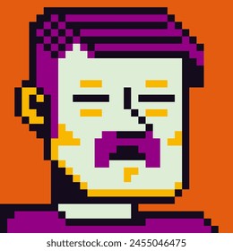 Pixel art man, personaje masculino 8-bit, 80-s, avatar, cara de hombre con bigote, NFT, ícono de Vector de dibujos animados, usuario de juegos, personas de perfil de Web, personas, retrato de red social. Token no fungible.