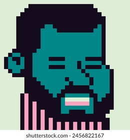 Pixel art man, personaje masculino 8-bit, 80-s, avatar, cara de hombre, NFT, Vector de dibujos animados, usuario de juegos, personas de perfil de Web, personas, retrato de la red social. Token no fungible.